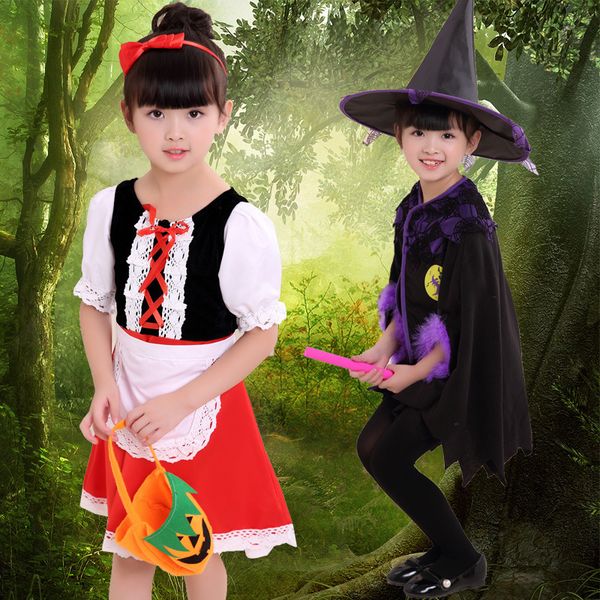 

halloween clothing children woman show serve witch dress cos small red hat girl masquerade princess skirt performance, Black
