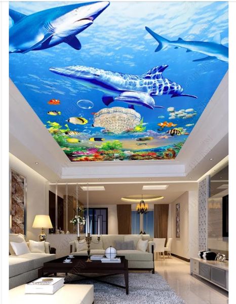 

custom 3d p ceiling zenith interior decorative mural sea world dolphin shark children's room living room ceiling zenith mural