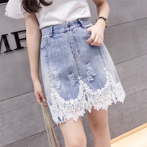

streetwear hole patchwork lace skirt jeans woman 2020 high waist summer short denim skirt ladies bodycon saias jeans feminina, Black