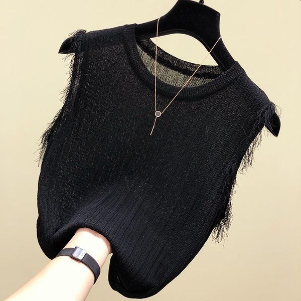 

slim knitted tassles tank women o-neck ice silk summer 2019 new arrivals 4colors, White