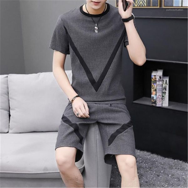 

мужчины o шеи костюм летний хлопок мужской tshirt тонкий короткими рукавами solid color повседневный костюм мужчин корейский дизайнер одежды, Gray