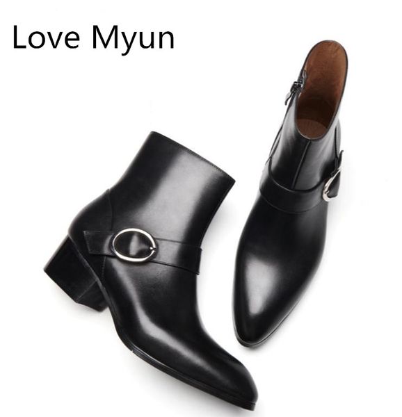 

autumn winter new mens fashion buckle design genuine leather boots high heel shoes men pointed toe zip business dress work boots, Black