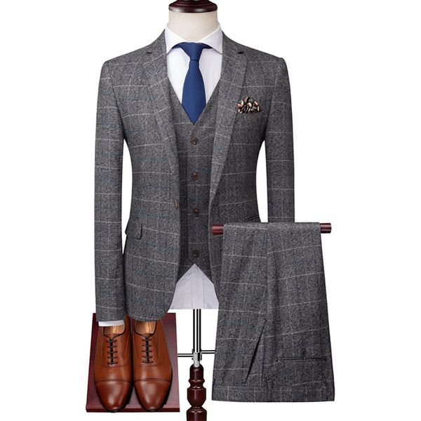 

fashion plaid business men's 3-piece set vintage mens casual groom wedding dress suit ( jacket +vest + pants, White;black