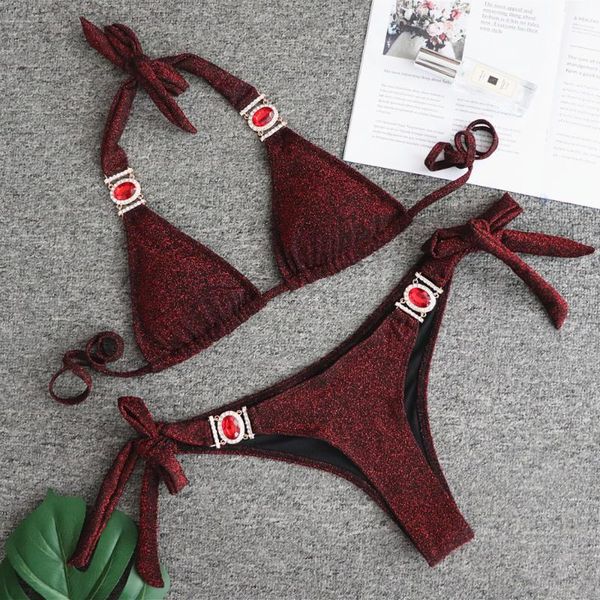 

melphieer crytals jewelry halter shiny bikini 2020 bikinis set women's swimsuit swimwear women high end bathing suit beachwear, White;black