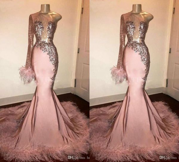 

glitter sequin mermaid prom dresses pink black girl with feathers formal evening gowns sweep train one shoulder african vestidos de fiesta