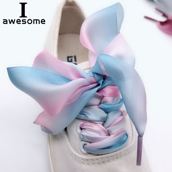 

1pair ribbon multicolor shoelaces fashion organza ribbon sport shoes sneakers bowknot flat shoelaces 3cm wide 3 gradient colors, Black