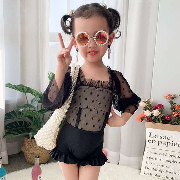 

swimwear kids baby girl beach swimsuit children's black mesh long sleeve one-piece swimsuit baby girl set, White