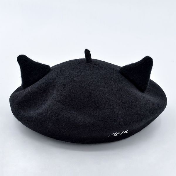 

cat ears wool beret artist's hat autumn and winter cute wool bud cap embroidery bud hat feather korean letters embroidered, Blue;gray