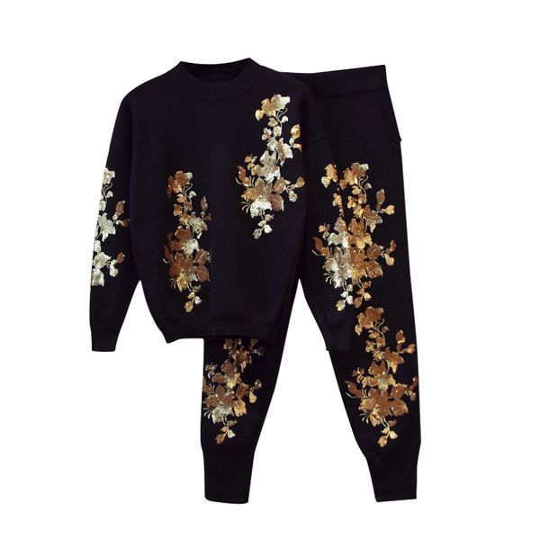 

amolapha women sequins flowers sweater pants sets long sleeve woman knit pullover +trousers autumn winter clothing sets, Gray