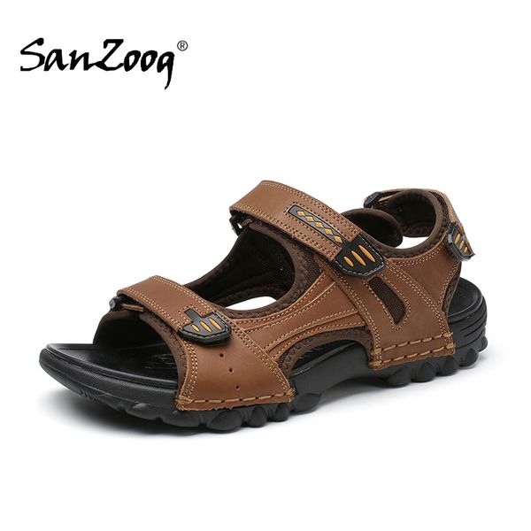 

genuine leather sandals platform hook loop sandal man summer men man's shoes men's mens for male beach sandles roman shoe, Black