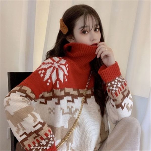 

women sweater snowflake fawn red loose turtleneck pullover spring autumn winter casual knit sweater christmas jumper plus size, White;black