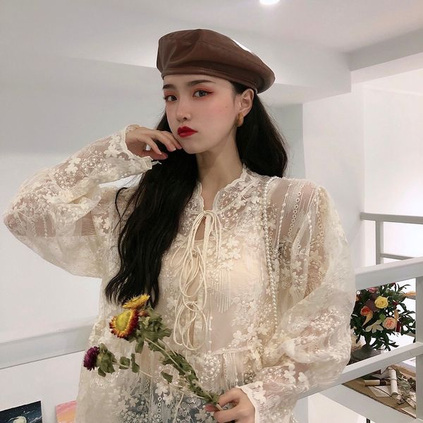 

fashion lace blouse elegant shirt ladies spring summer 2020 casual lantern long sleeve embroidery white blouses 454