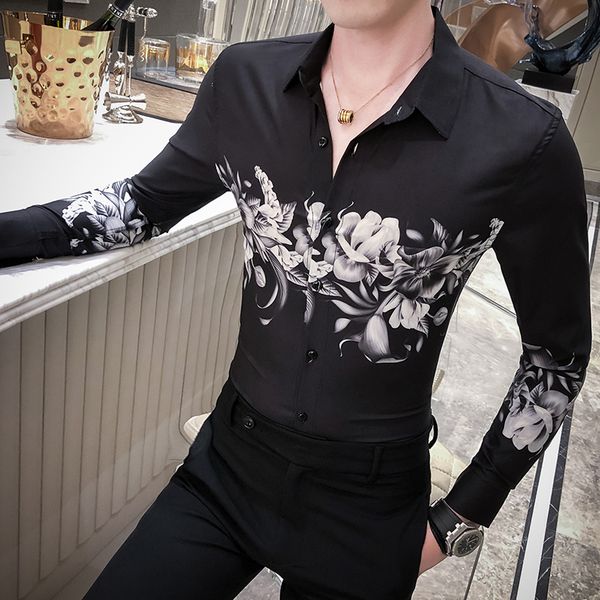 

мода 2020 смокинг рубашка мужчины высокого качества цифровой печати mens вскользь рубашки с длинным рукавом slim fit night club блуза homme, White;black
