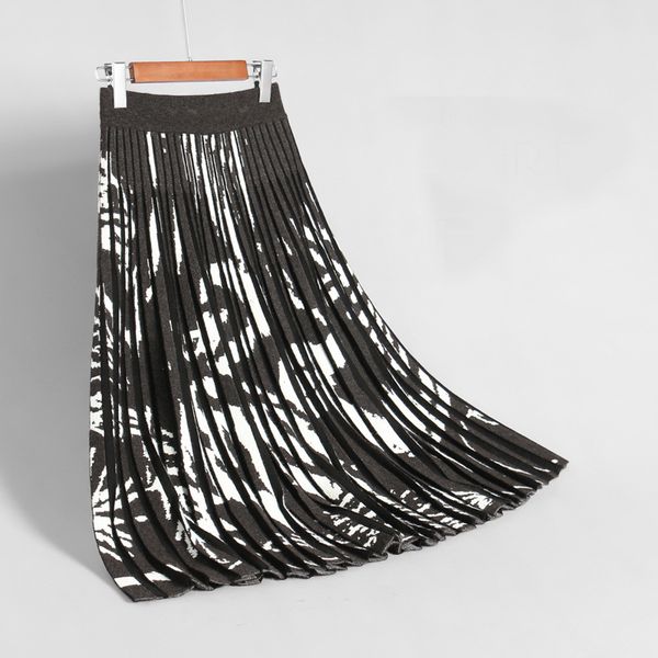 

2019 high waist print knitted women winter a-line midi skirt chic women autumn pleated skirt faldas jupe femme saia, Black