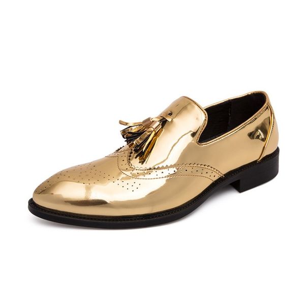 

2020 new gold color man dress shoes tassel pointed men loafers designer business leather shoes plus size 38-47, Black