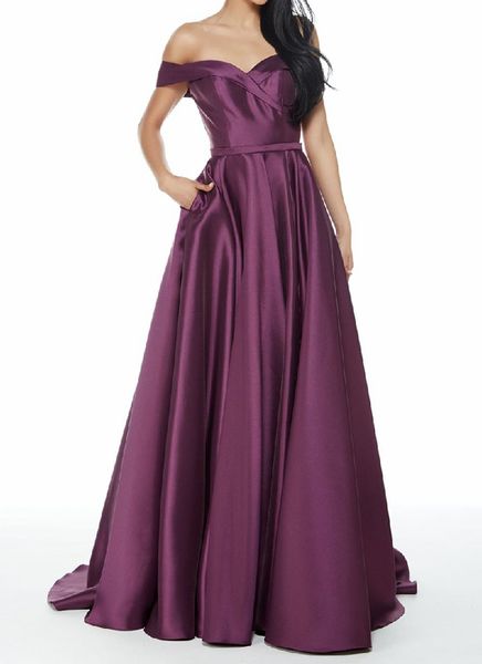 

satin long evening dresses prom dresses with pockets new arrival zipper back sweep train, Black;red