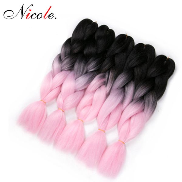 

николь канекалон синтетический джамбо плетение волос 3 шт. / лот розовый цвет высокая температура волокна рождество крючком косы волос, Black