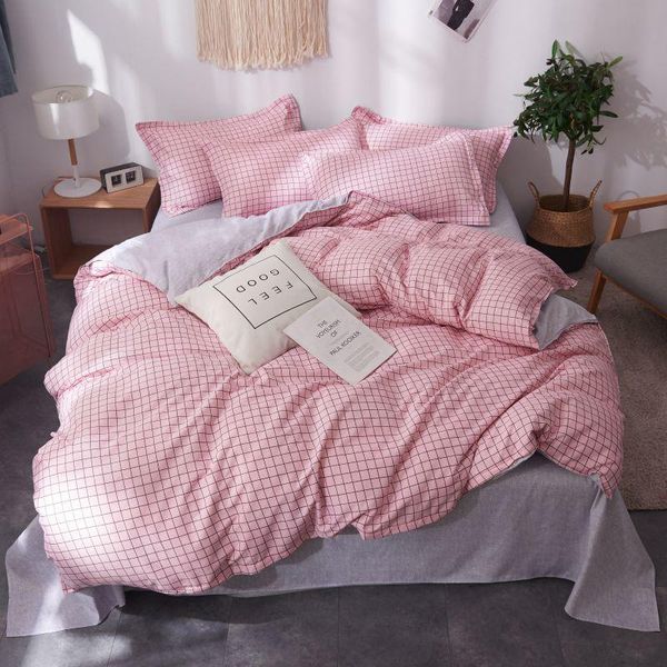 

pink grey geometric plaid printed kid women bed cover set duvet cover child bed sheet pillowcase comforter bedding set