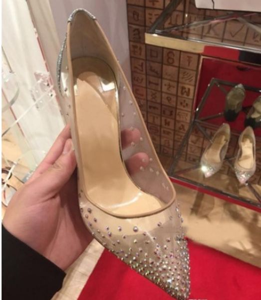 

new spring summer elegant styles women shoes rhinestone high heels crystals pointed toe mesh pumps woman red sole wedding shoes, Black