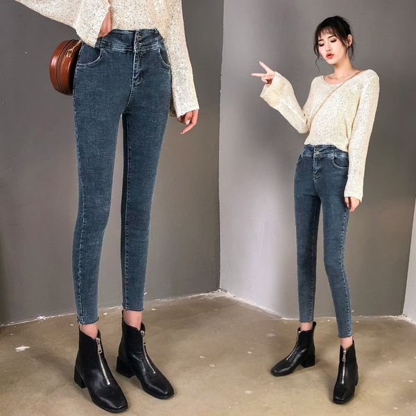 

super-high waist trousers tight jeans slim high waist new black nine-minute pants for autumn 2019 jeans woman, Blue