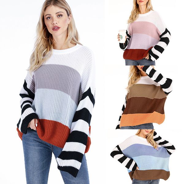 

women's knits shirt striped color matching knitted sweater fashion loose casual temperament commuter pullover, White