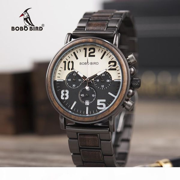 

bobo bird stylish men watch wood & stainless steel band chronograph timepiece relogio masculino in wood gift box l-r25, Slivery;brown