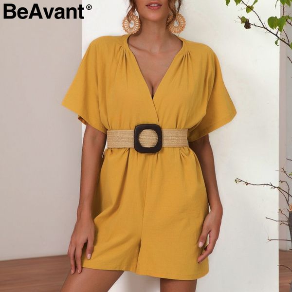 

beavant cotton linen summer playsuit women v-neck short sleeve casual loose female jumpsuit romper office ladies casual overalls, Black;white