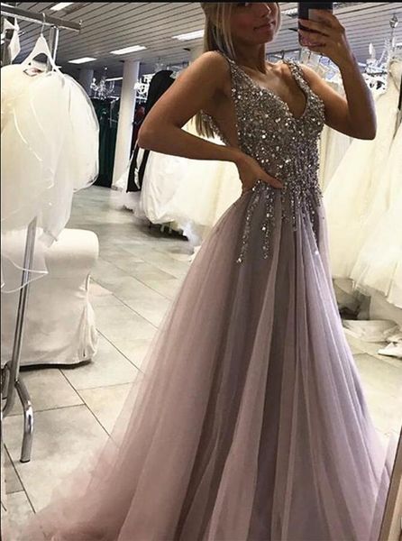 

a-line open back tulle prom dress crystal v-neck prom dress long formal dresses long tulle beading grey evening dress, Black;red