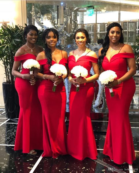 

Elegant Off The Shoulder Bridesmaid Dresses 2019 Mermaid Red Satin South Africa Style Maid Of Honor Wedding Guest Gown Custom Made
