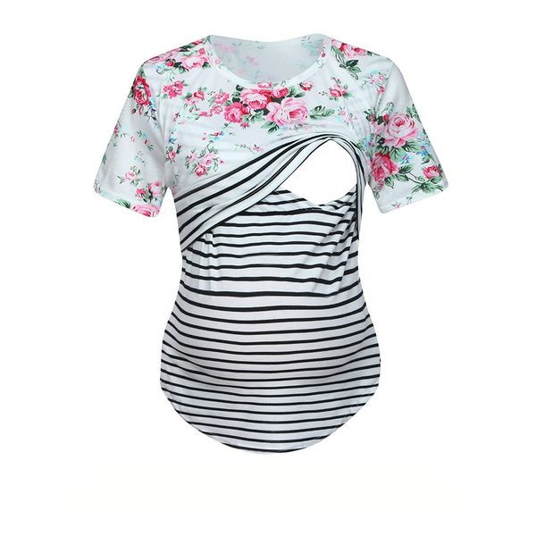 

Summer pregnant women short-sleeved striped stitching shirt flowers multi-functional breastfeeding T-shirt#g30US