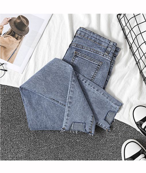 

violet high waist jeans trumpet nine points elastic flash wet pants, Blue