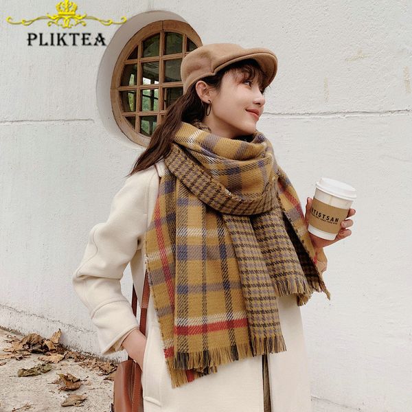

yellow plaid cashmere scarf poncho women's winter blanket scarves shawl 2020 female warm stole, Blue;gray