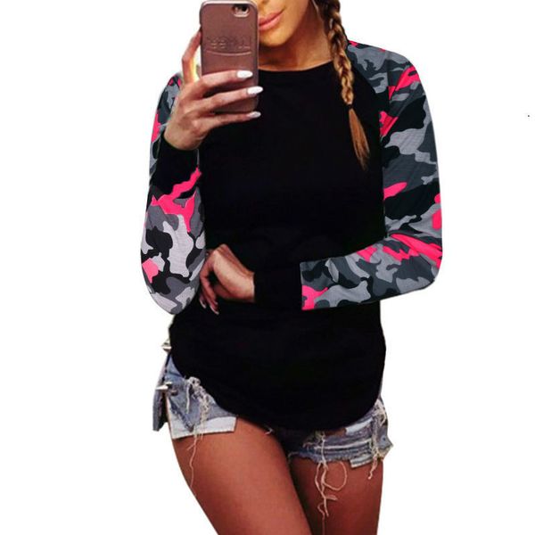 

autumn 2019 trendy women patchwork long sleeve army camouflage t shirt round neck t shirts tees plus size 5xl, White