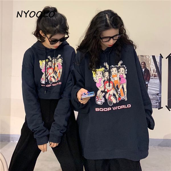 

nyoolo harajuku cartoon girls print hoody autumn streetwear long sleeve pullover hooded sweatshirt women clothing outerwear, Black
