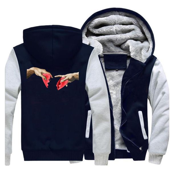 

men fashion heart break printed pattern raglan hooded hoodie fluffy fleece zipper jacket 2019 autumn winter trend man sweatshirt, Black