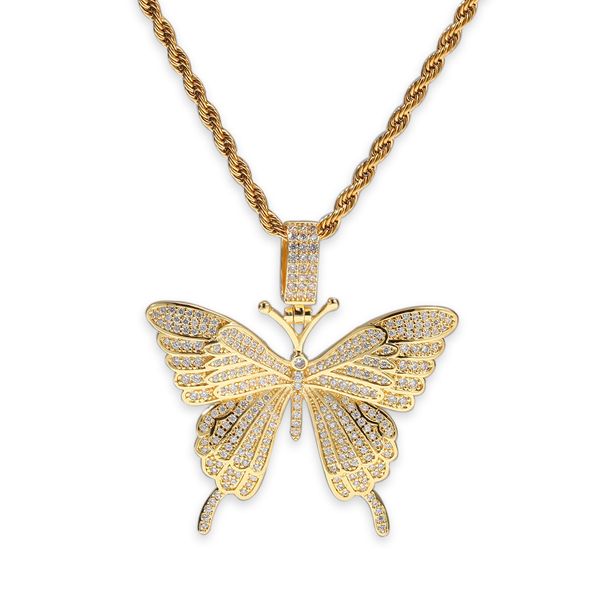 

hiphop mens pendant necklace 24inch stainless steel chain gold plating 3a cubic zirconia butterfly pendants necklaces men women hip hop neck, Silver