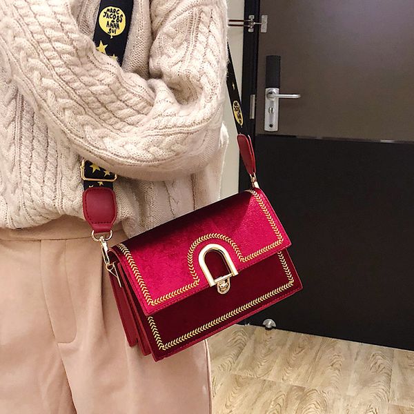 

luxury velvet embroidered small flap bag wide shoulder strap crossbody bag for women buckle women clutch wedding bridal bags