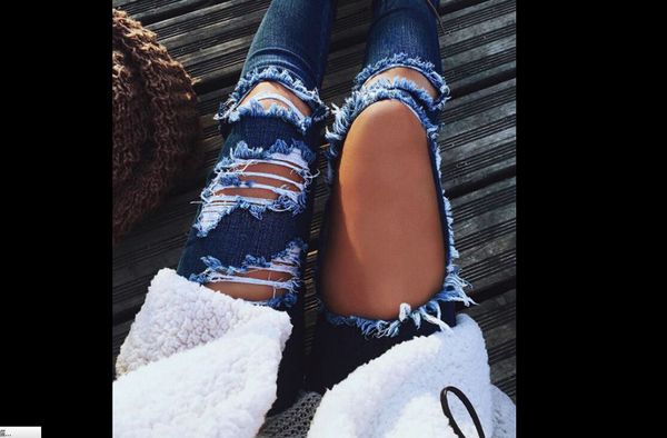

2019 fashion women jeans pants hallow out cool jeans hole destroyed ripped distressed slim denim trousers, Blue