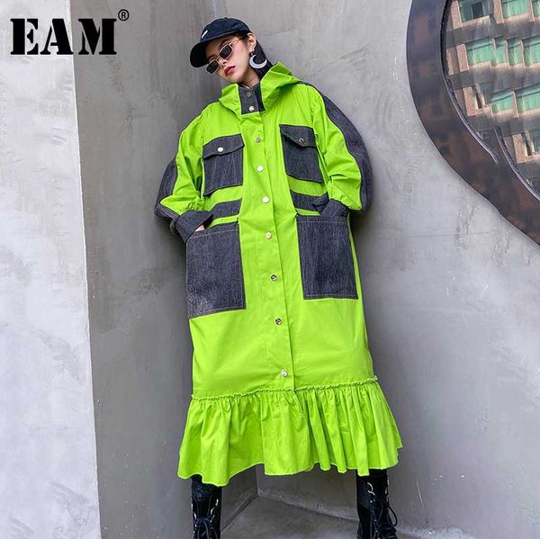 

eam] women denim ruffles split big size trench new hooded long sleeve loose fit windbreaker fashion tide spring 2020 1r441, Tan;black