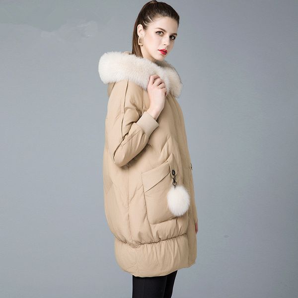 

2019 autumn winter long coat parka fur collar 90% white duck down jacket woman hooded warm winter jacket women pp064, Black