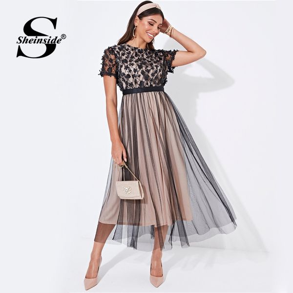 

sheinside цветочный аппликация mesh деталь платье партии женщины 2020 осень с коротким рукавом линия платья дамы layered сетки midi платье, Black;gray