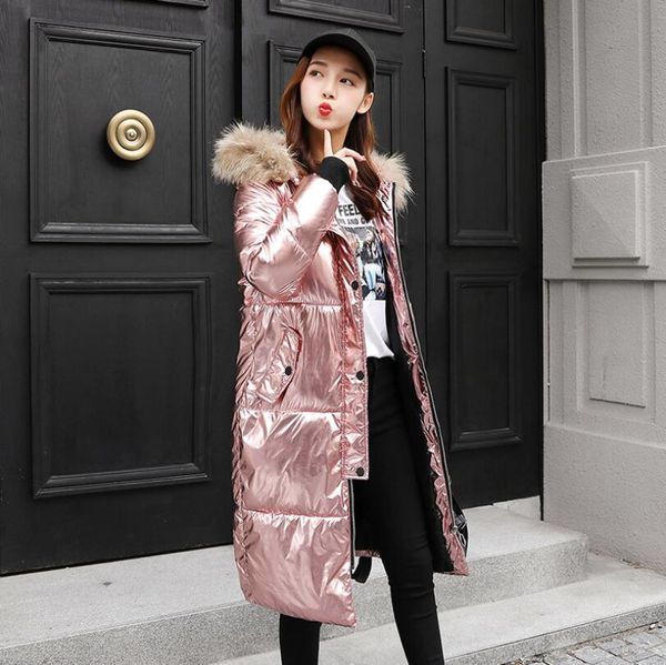 

2019 women glossy down cotton padded parka thickening warm long silver coat plus size slim winter woman puffer jacket w767, Tan;black