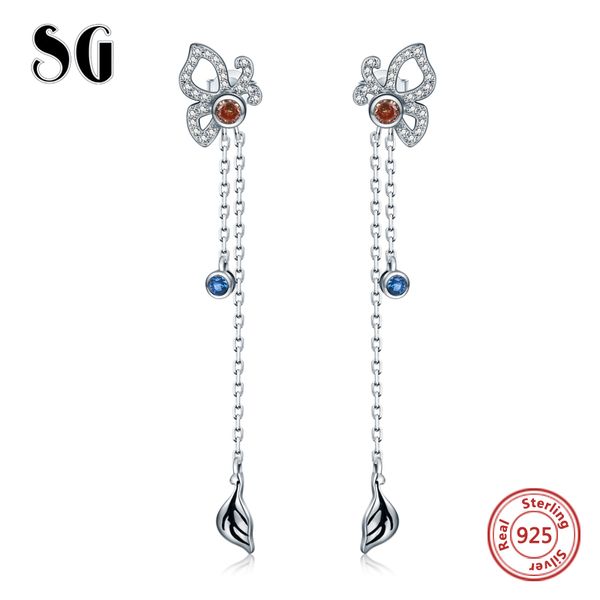 

sg fashion christmas fine women's beautiful long butterfly stud earrings silver 925 with sapphire blue stone korea jewelry 2019, Golden;silver