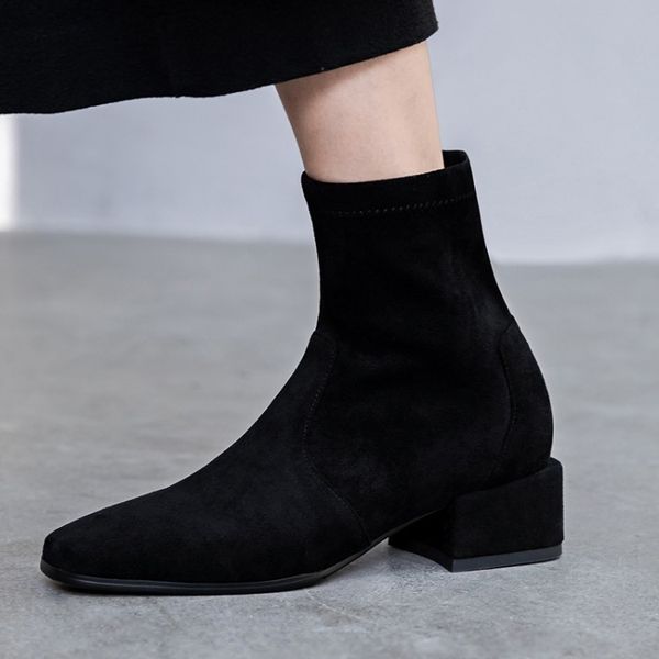 

fashion novelty womens boots ankle short med square toe vintage boots flock zip leisure winter big size shoes t200425, Black