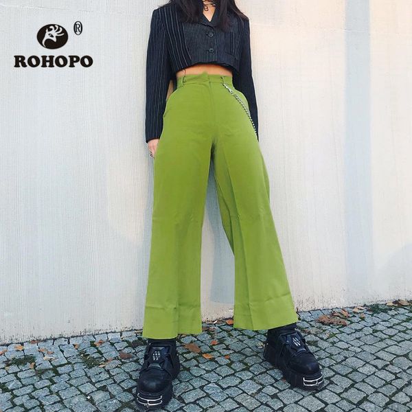 

rohopo woman wide leg pant green waist metal chain fashion straight loose pant summer office ladies solid trouser #hp3685w11, Black;white