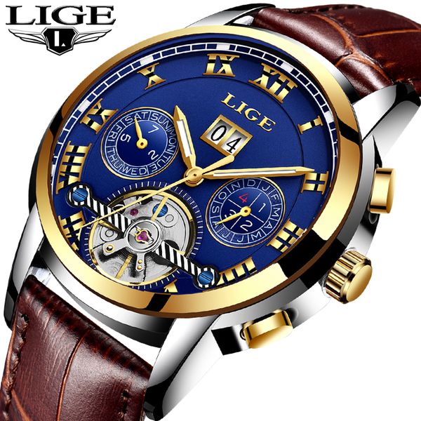 

lige mens watches automatic mechanical watch men leather business waterproof sport watches relogio masculino, Slivery;brown
