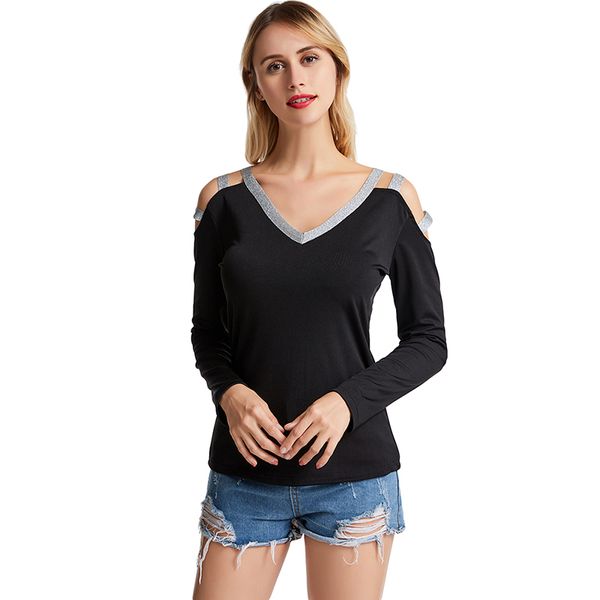 

women tshirt autumn hollow fashion patchwork sequins tees v-neck hollow out t shirt casual long sleeve tee shirt, White