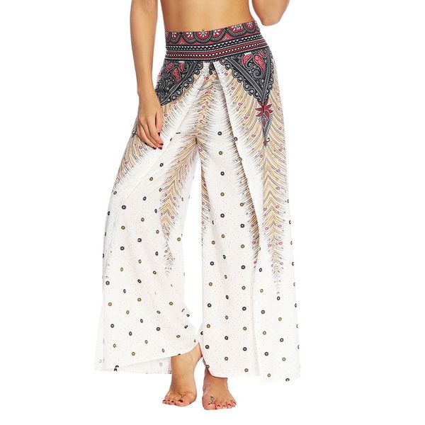 

2020 womens split wide leg yoga pants summer beach boho print pants plus size high waist gym yoga sweatpants baggy, White;red