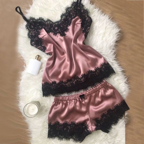 

explosive women's nightwear simulation silk strapless cami shorts pajamas suit large size solid lingerie lace sleepwear, Black;red