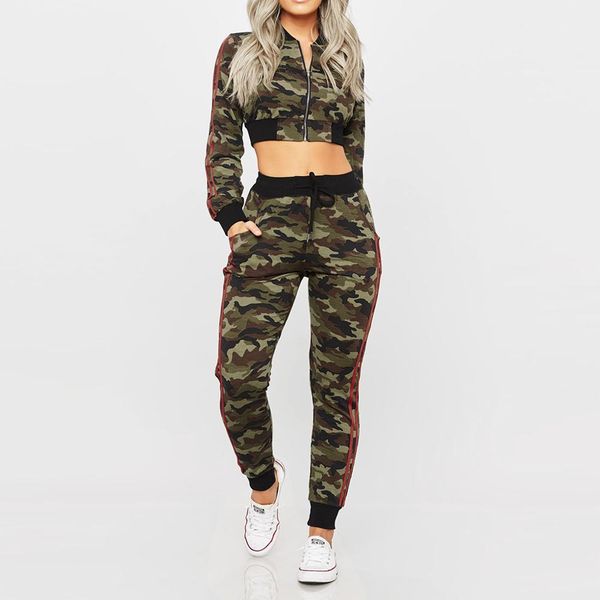 

casual suit fashion women clothing long sleeve pocket lacing zipped camouflage print pants casual set outdoor sport running suit, Black;blue